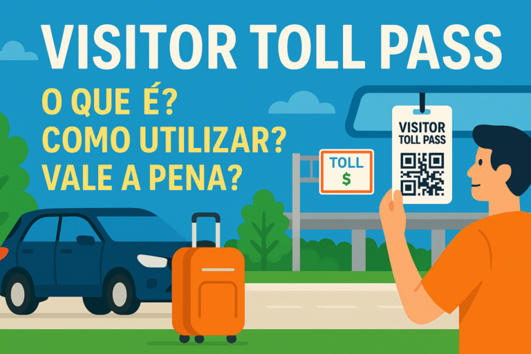 Visitor Toll Pass na Flórida com carro, pedágio e cartão QR ilustrando como utilizar o serviço de forma prática e econômica.