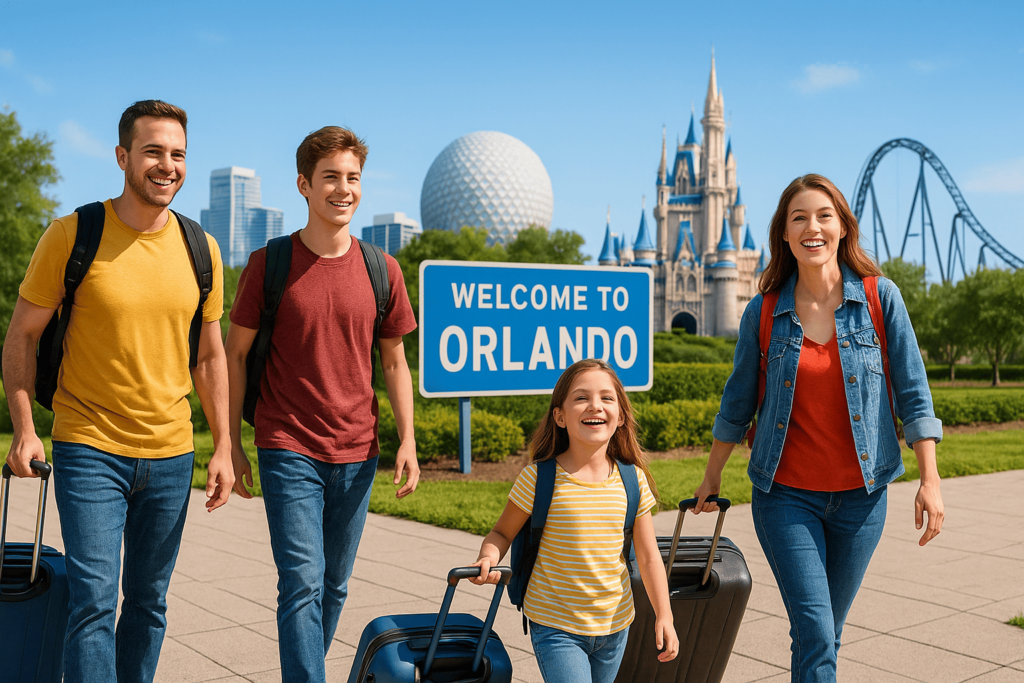 Família chegando em Orlando com malas e símbolos dos parques ao fundo, representando roteiro completo de 7 dias.