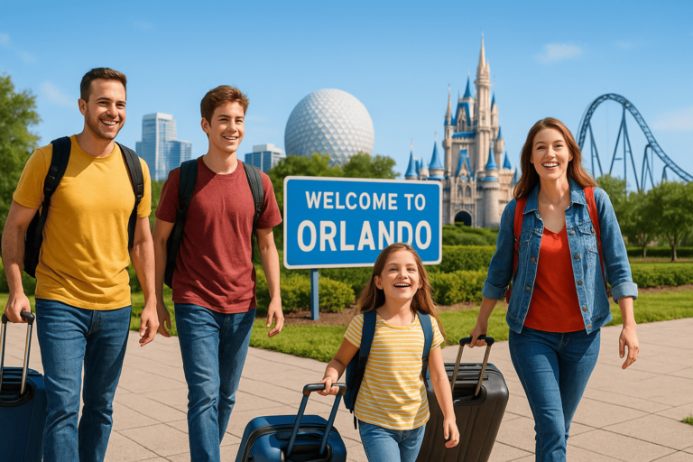 Família chegando em Orlando com malas e símbolos dos parques ao fundo, representando roteiro completo de 7 dias.