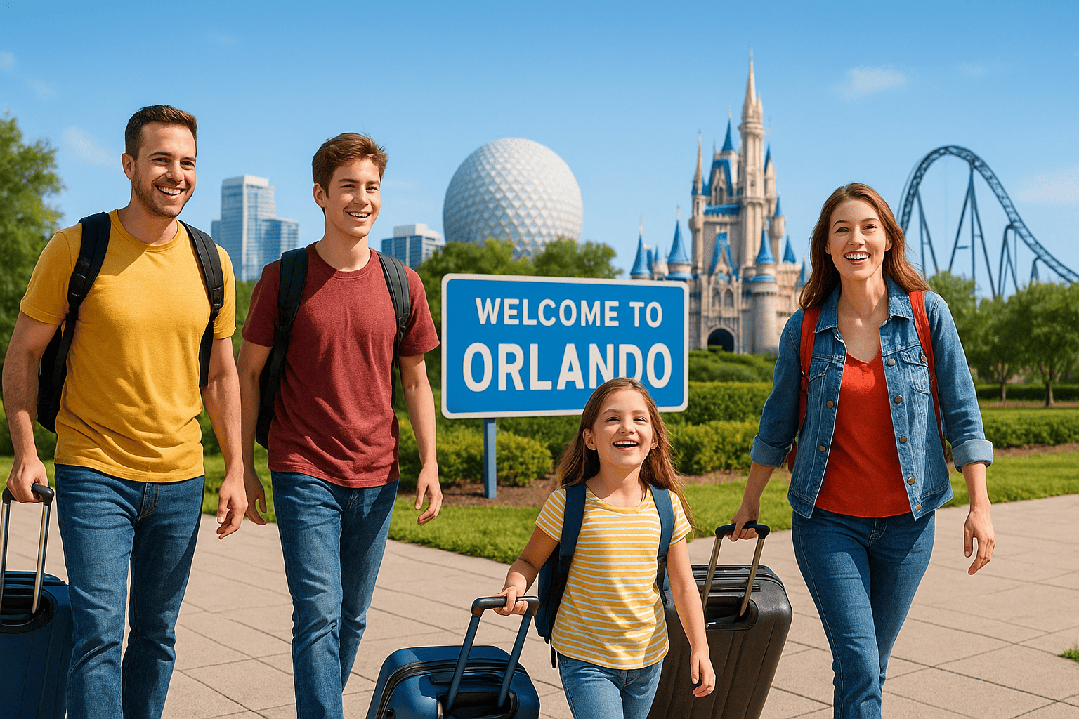 Família chegando em Orlando com malas e símbolos dos parques ao fundo, representando roteiro completo de 7 dias.