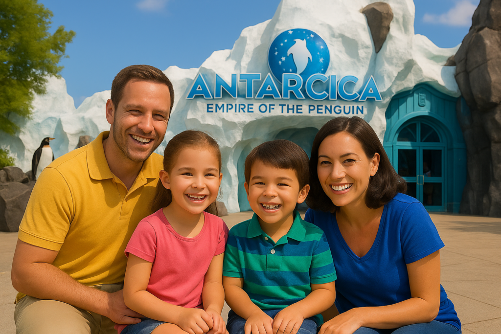 Nova família sorrindo em frente à entrada da atração Antarctica: Empire of the Penguin no SeaWorld Orlando, com roupas de cores diferentes.