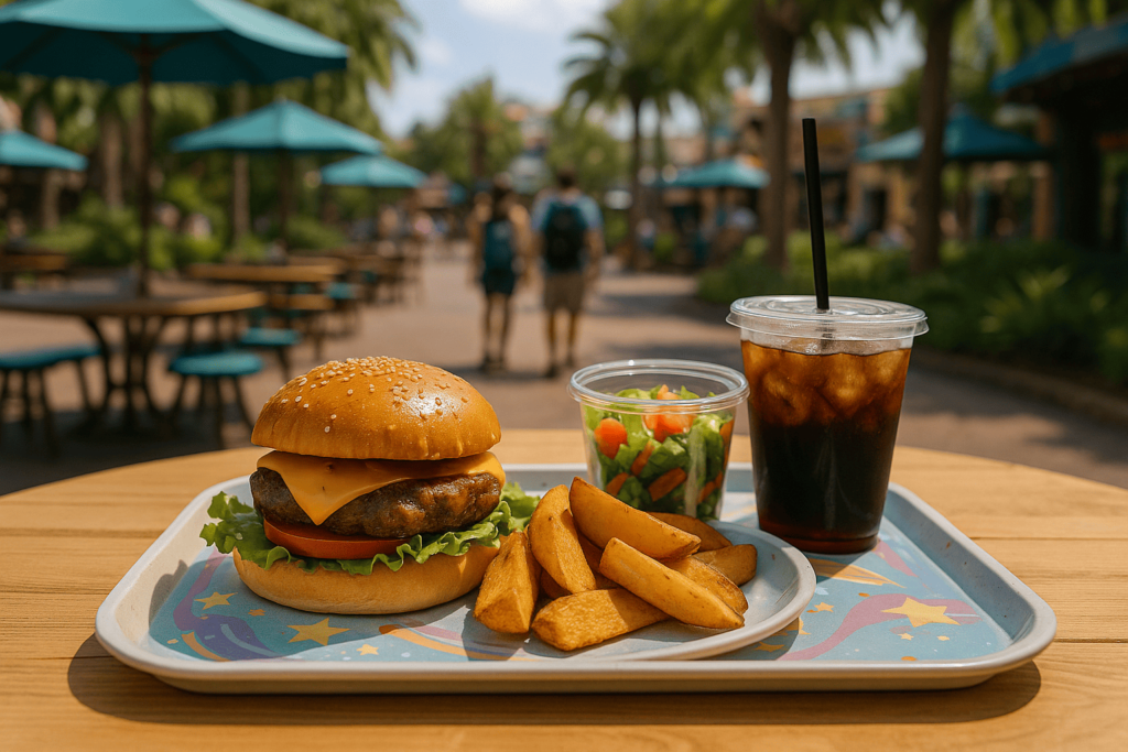 Refeição completa com hambúrguer artesanal, salada e bebida em bandeja temática de parque, representando como comer bem nos parques de Orlando.