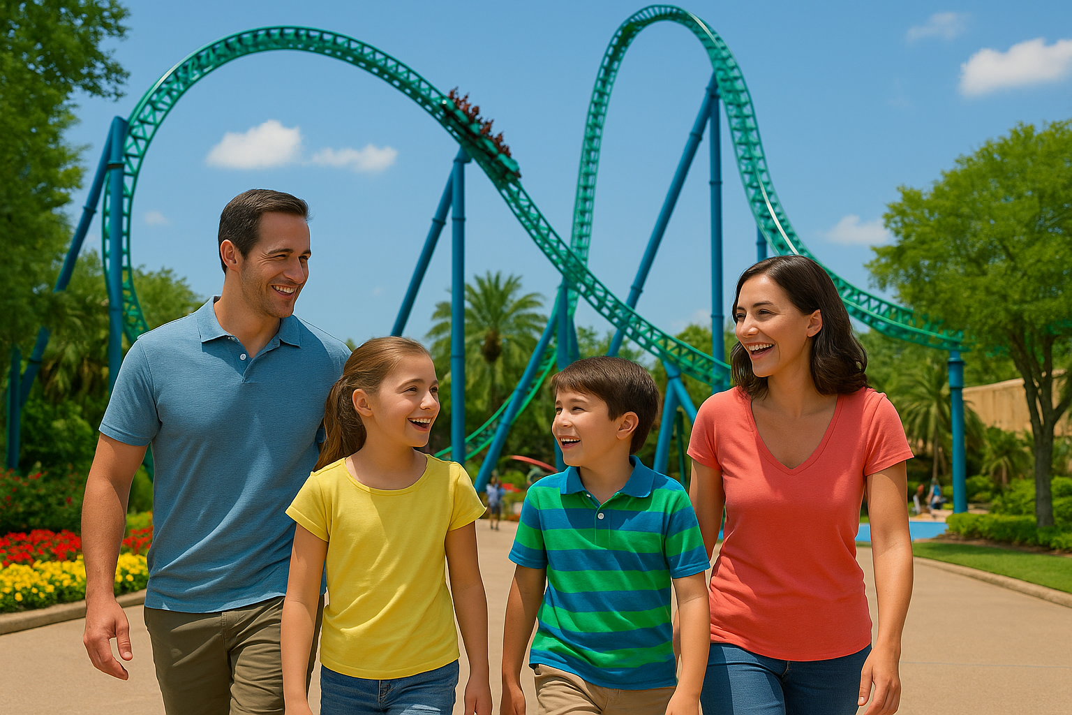 Família sorridente caminhando no Busch Gardens com montanha-russa ao fundo em um dia ensolarado.
