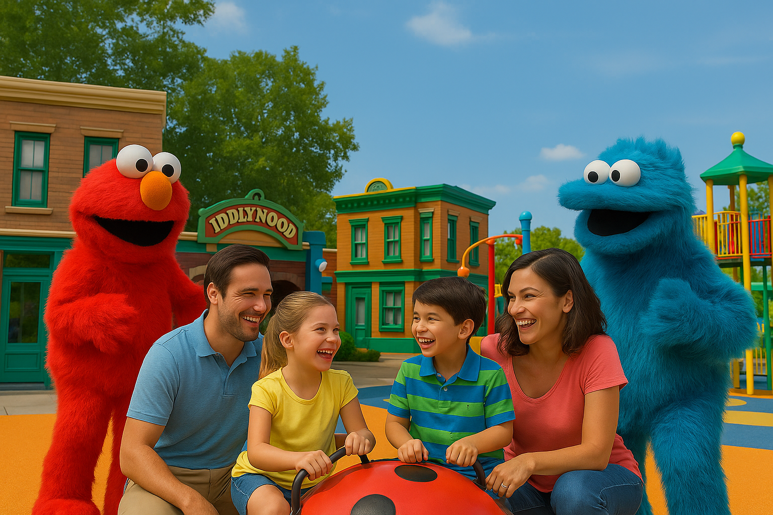 Família com duas crianças se divertindo com Elmo e Cookie Monster em um parque temático ao ar livre e ensolarado.