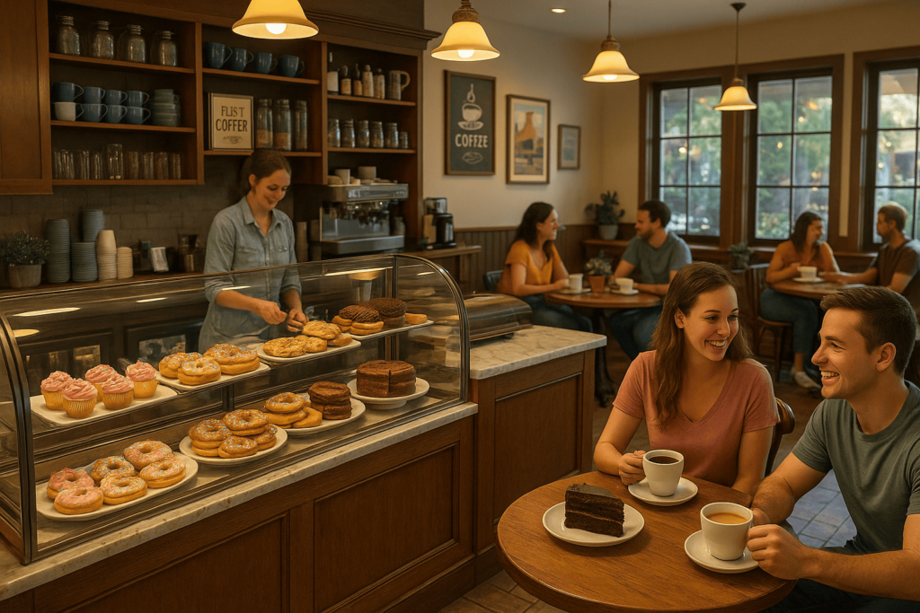 Interior acolhedor de cafeteria em Orlando com vitrine de donuts, bolos e cupcakes, representando cafeterias e docerias em Orlando.