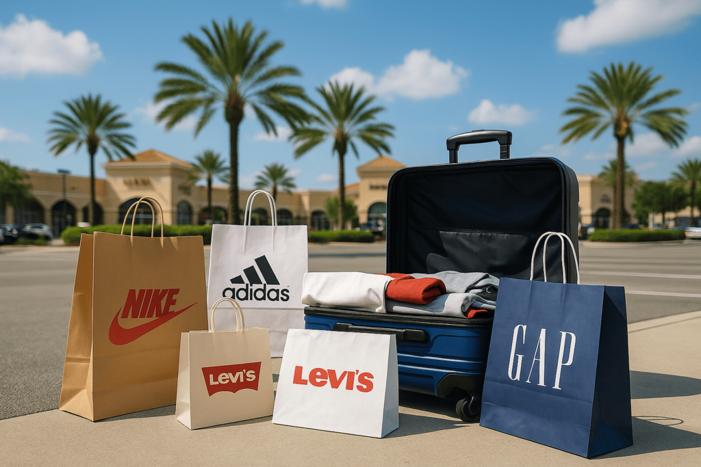 Sacolas de compras com roupas e calçados de marcas populares nos EUA, em uma área de compras em Orlando, representando promoções e boas oportunidades de compras para turistas.