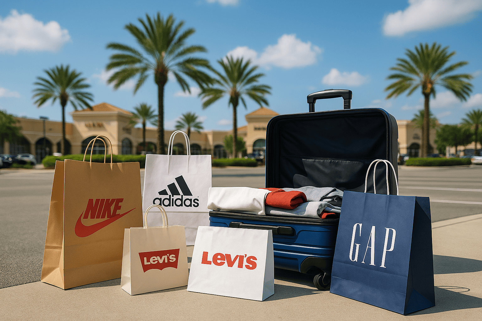 Sacolas de compras com roupas e calçados de marcas populares nos EUA, em uma área de compras em Orlando, representando promoções e boas oportunidades de compras para turistas.
