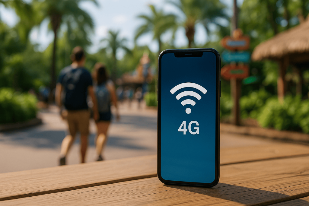 Smartphone moderno exibindo tela com ícones de internet e mensagens, posicionado sobre uma mala de viagem aberta com roupas e acessórios de turista, representando conectividade durante viagens em Orlando.