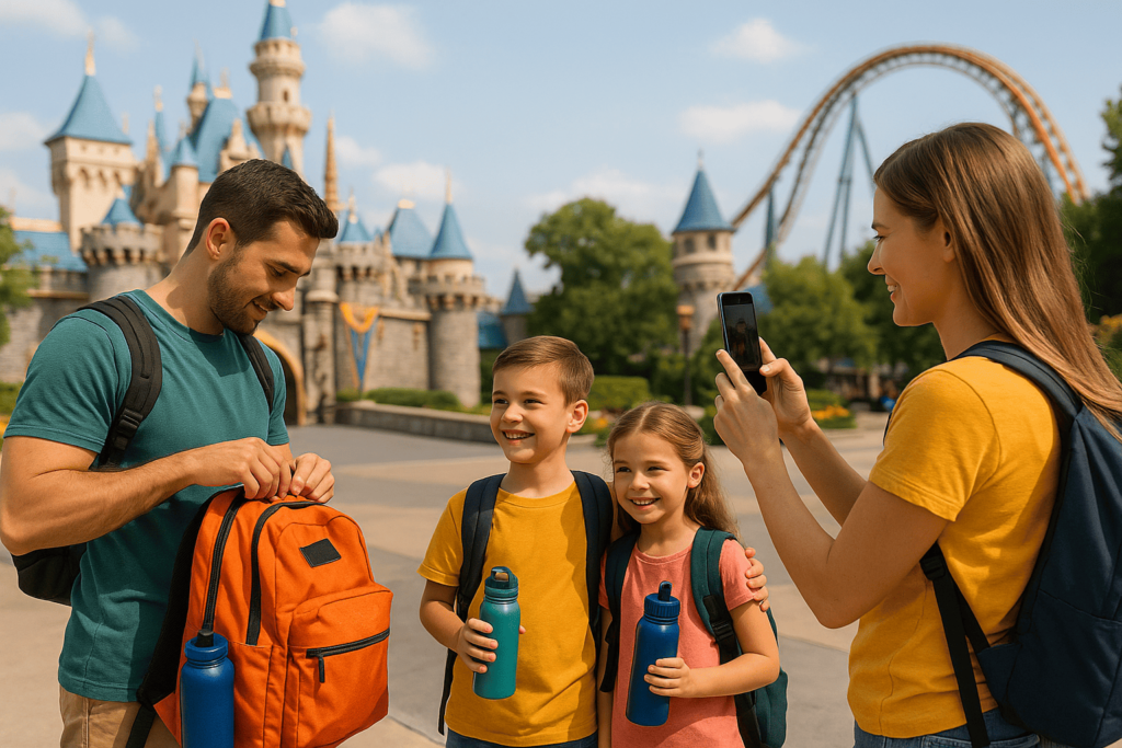 Família se preparando para entrar em parque temático em Orlando, com mochila e garrafas reutilizáveis, representando economia durante a visita.