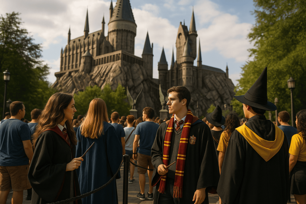 Fotografia digital hiper-realista mostra uma família fantasiada com roupas inspiradas no universo Harry Potter entrando na área temática de Hogwarts em um parque de Orlando. Ao fundo, destaca-se um castelo no estilo de Hogwarts com torres pontiagudas e atmosfera mágica, sob um céu azul com nuvens leves