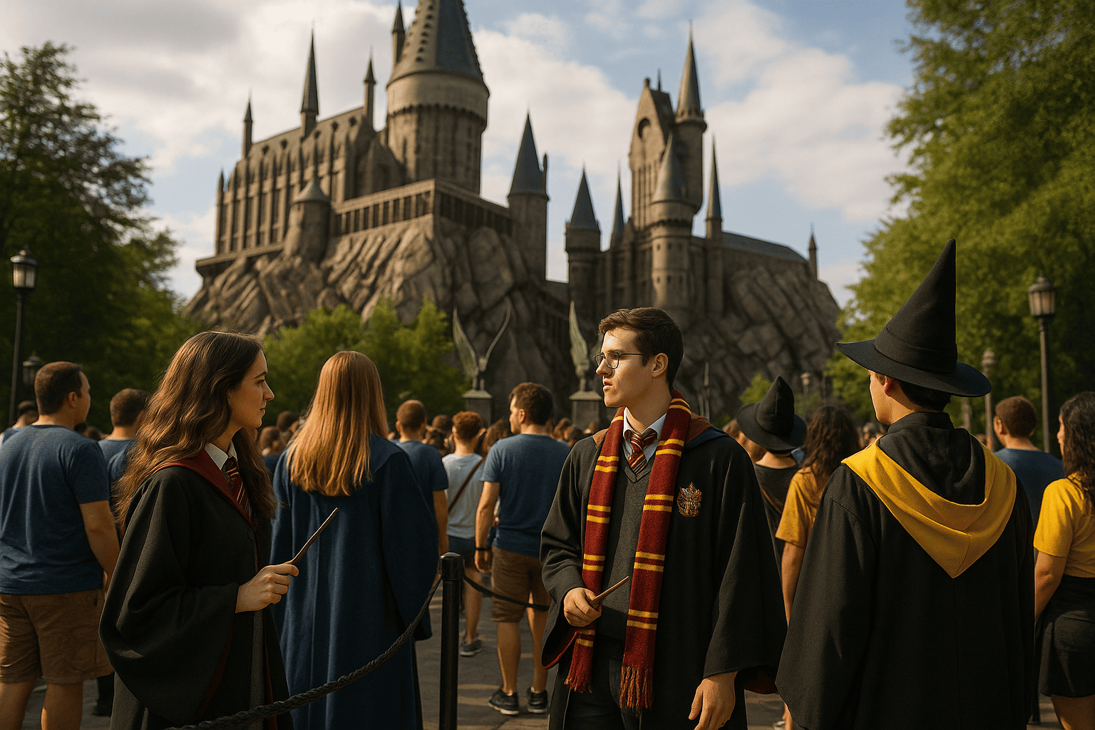 Fotografia digital hiper-realista mostra uma família fantasiada com roupas inspiradas no universo Harry Potter entrando na área temática de Hogwarts em um parque de Orlando. Ao fundo, destaca-se um castelo no estilo de Hogwarts com torres pontiagudas e atmosfera mágica, sob um céu azul com nuvens leves