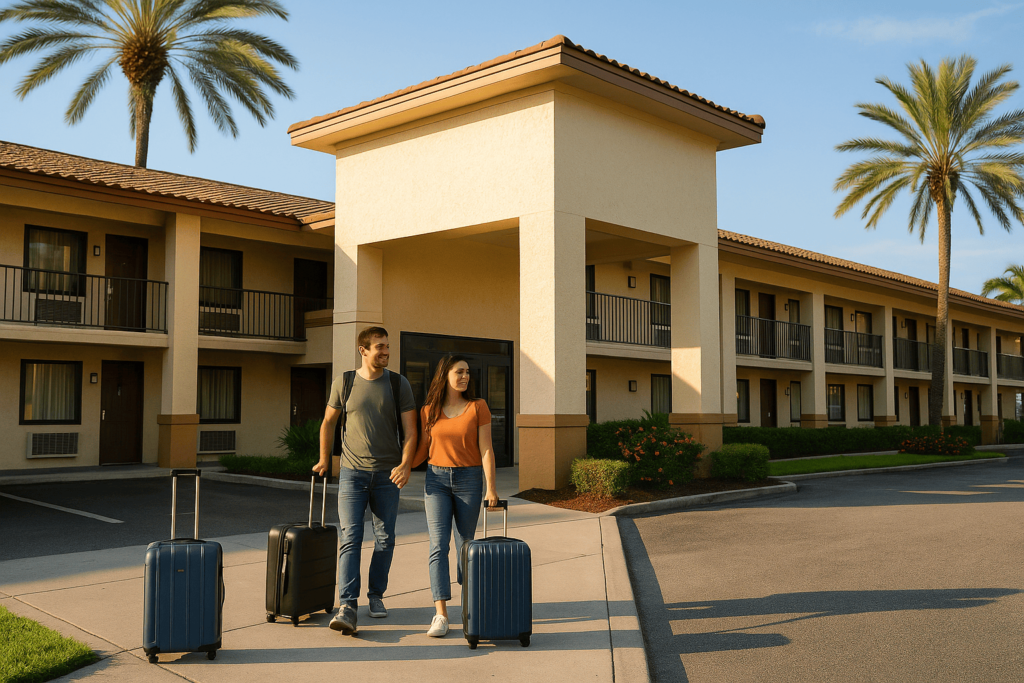 Hotel econômico em Orlando com turistas chegando e excelente localização, ideal para quem busca conforto e economia.