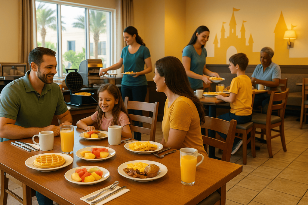 Ilustração digital realista de uma sala de café da manhã de hotel em Orlando. A mesa está posta com pães, frutas, sucos e uma máquina de waffles ao fundo. Há famílias sorrindo se servindo, com decoração temática alegre, luz natural e janelas amplas. Atmosfera aconchegante e familiar.
