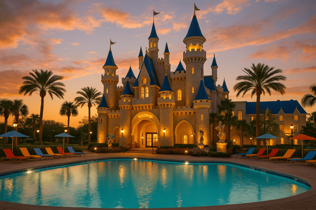 Fachada encantadora de um hotel temático em Orlando, com arquitetura inspirada em contos de fadas, cores vibrantes e paisagismo exuberante, representando a continuação da experiência mágica fora dos parques.