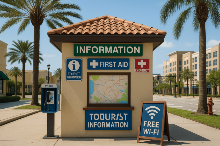 Ponto de informação turística em Orlando com sinalização de primeiros socorros e emergência, representando preparo para emergências em Orlando.
