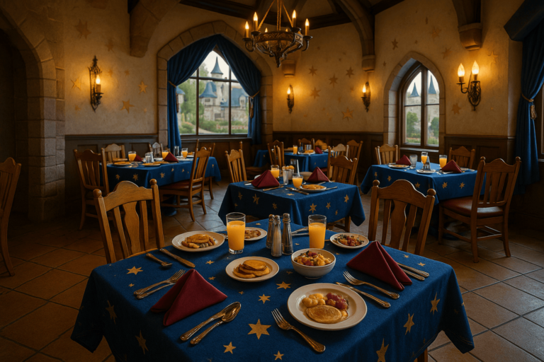 Ambiente de restaurante temático em Orlando com decoração mágica e mesas preparadas, remetendo à experiência das refeições com personagens.
