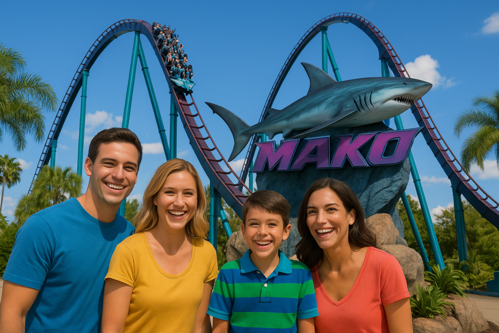 Visitantes sorrindo em frente à montanha-russa Mako no SeaWorld Orlando, com céu azul e clima ensolarado.