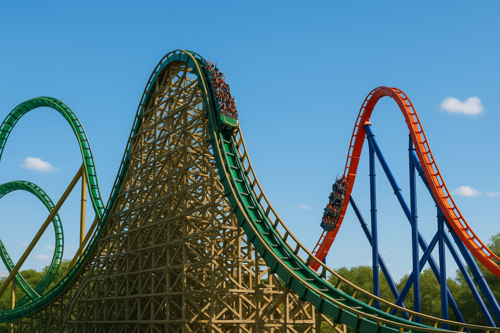 Três montanhas-russas do Busch Gardens sob céu azul ensolarado em um dia típico na Flórida.