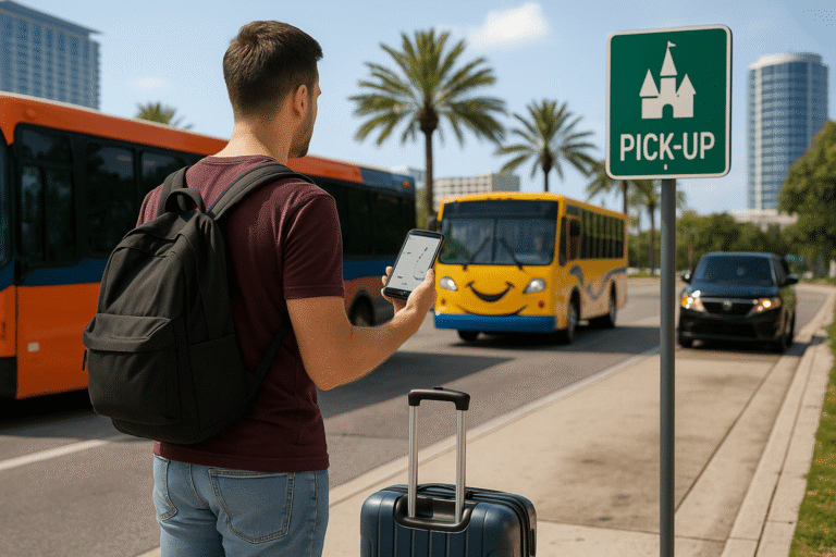 Turista em Orlando usando aplicativo de transporte ao lado de ônibus temático e placa de pick-up, simbolizando as opções de transporte na cidade.