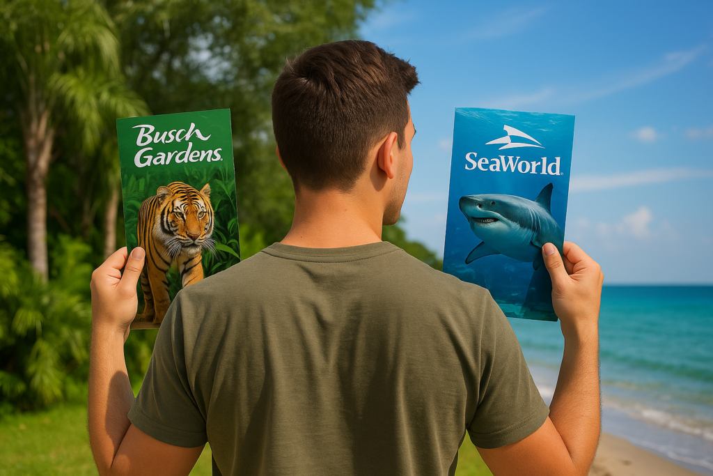 Visitante segurando mapas do Busch Gardens e do SeaWorld em um cenário dividido entre floresta tropical e oceano, representando os dois estilos de parque.