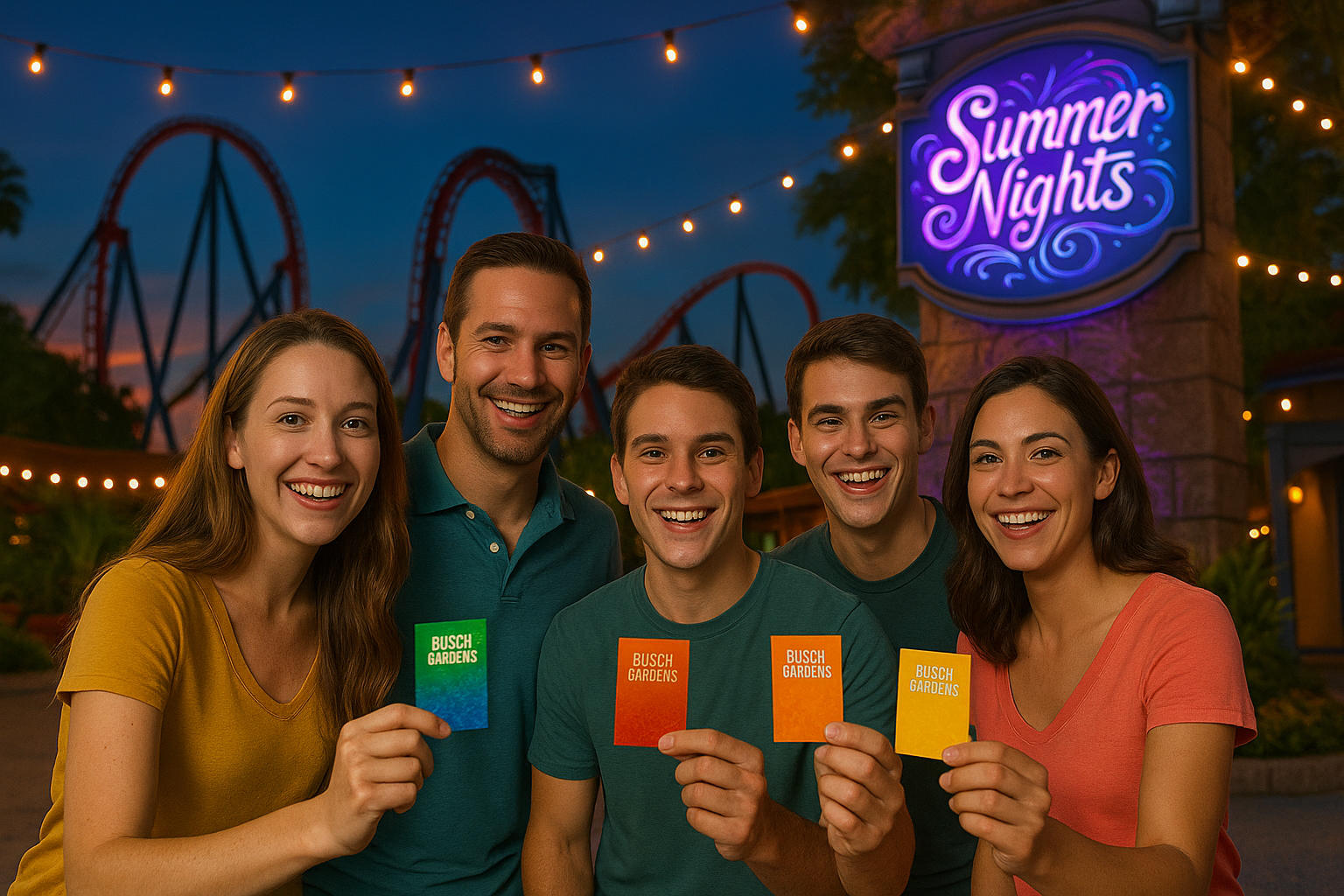 Visitantes sorridentes segurando ingressos no Busch Gardens com montanhas-russas e decoração temática do Summer Nights ao fundo.