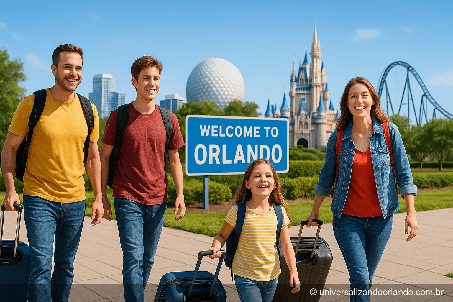 Família chegando em Orlando com malas e símbolos dos parques ao fundo, representando roteiro completo de 7 dias.