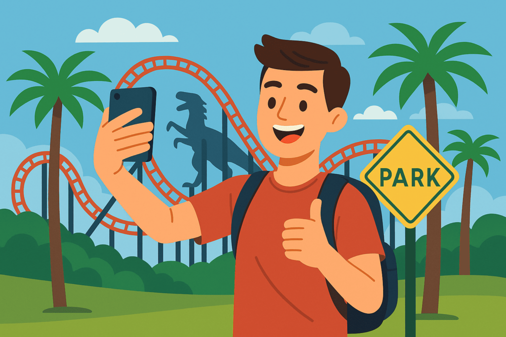 Ilustração em estilo flat mostra um viajante sozinho com mochila, em frente a uma montanha-russa radical inspirada na VelociCoaster, com ambientação pré-histórica e dinossauros ao fundo, simbolizando uma aventura solo nos parques de Orlando.