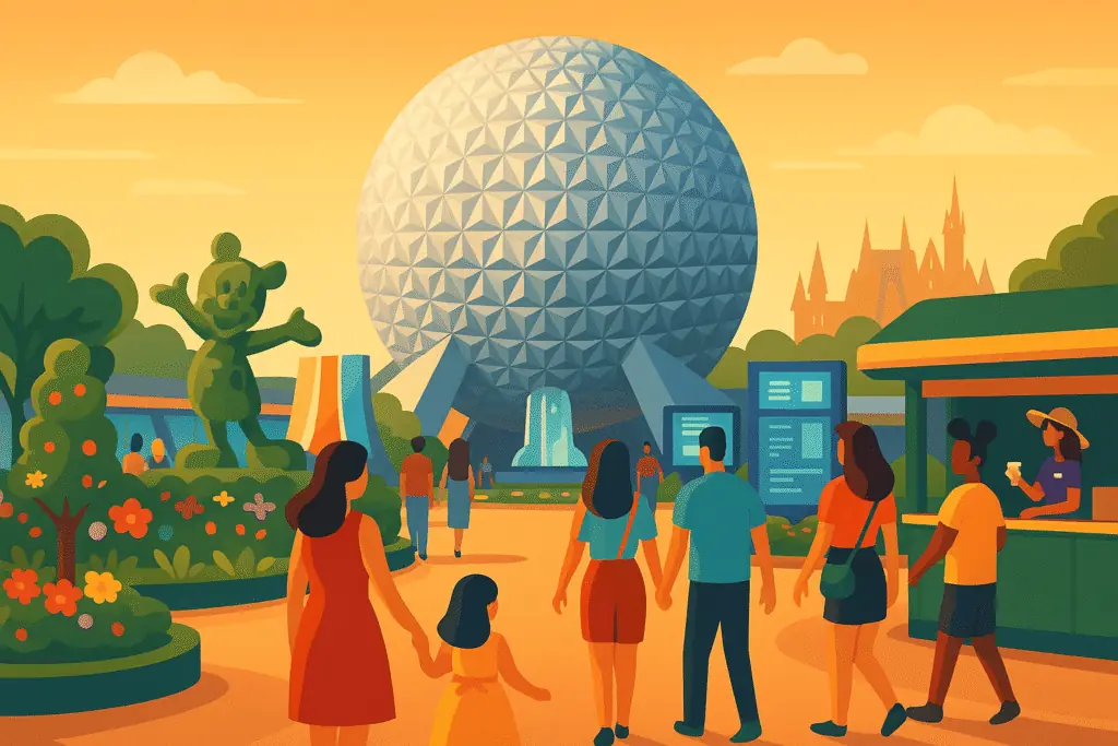 Ilustração digital em estilo flat mostra o parque EPCOT com o globo Spaceship Earth ao fundo, visitantes caminhando entre jardins floridos, elementos futuristas e quiosques culturais, em uma atmosfera mágica e inspirada no universo Disney.