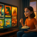 Renderização 3D mostra uma jovem mulher com mochila e camiseta temática, assistindo a uma parede de múltiplas telas exibindo cenas icônicas de filmes como Harry Potter, Jurassic Park, Minions e Velozes e Furiosos, em um ambiente inspirado na entrada do Universal Orlando Resort. A imagem transmite a preparação para a visita ao parque temático, com clima de entusiasmo e expectativa.
