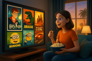 Renderização 3D mostra uma jovem mulher com mochila e camiseta temática, assistindo a uma parede de múltiplas telas exibindo cenas icônicas de filmes como Harry Potter, Jurassic Park, Minions e Velozes e Furiosos, em um ambiente inspirado na entrada do Universal Orlando Resort. A imagem transmite a preparação para a visita ao parque temático, com clima de entusiasmo e expectativa.