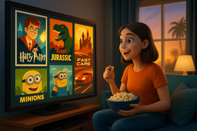 Renderização 3D mostra uma jovem mulher com mochila e camiseta temática, assistindo a uma parede de múltiplas telas exibindo cenas icônicas de filmes como Harry Potter, Jurassic Park, Minions e Velozes e Furiosos, em um ambiente inspirado na entrada do Universal Orlando Resort. A imagem transmite a preparação para a visita ao parque temático, com clima de entusiasmo e expectativa.