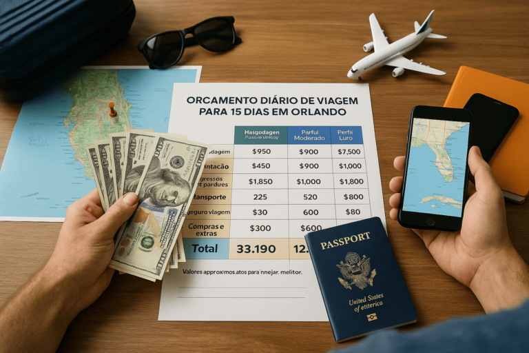 Uma ilustração flat-style mostra uma mala de viagem aberta com itens como dólares, passaporte, mapa de Orlando e ingressos de parques. Ao fundo, um cenário turístico com o globo do Epcot, montanha-russa e sacolas de compras. A arte transmite planejamento e expectativa para uma grande viagem aos EUA