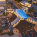 Passarela futurista com cobertura azul sobre avenida movimentada na Sand Lake Road em Orlando, destacando tráfego urbano organizado e arquitetura moderna ao entardecer.