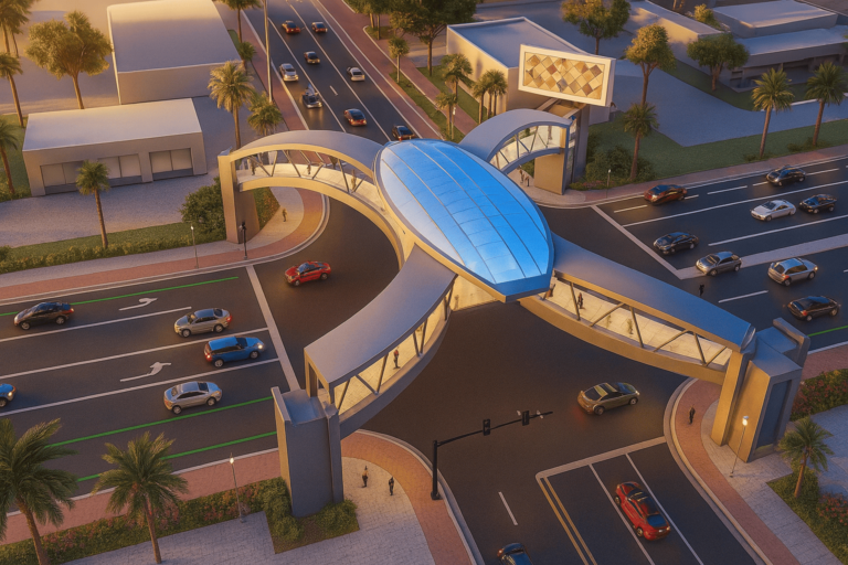 Passarela futurista com cobertura azul sobre avenida movimentada na Sand Lake Road em Orlando, destacando tráfego urbano organizado e arquitetura moderna ao entardecer.