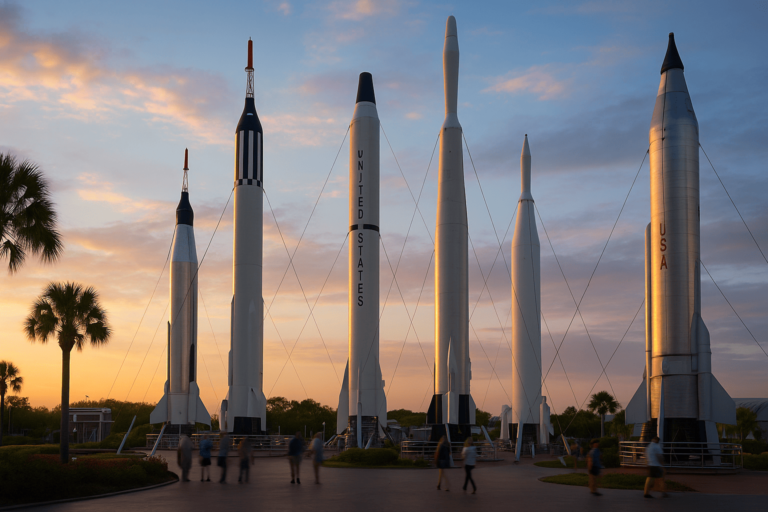 “Rocket Garden no Kennedy Space Center ao amanhecer, com foguetes históricos e céu azul-rosado.”