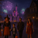 Família e amigos fantasiados caminhando à noite em rua decorada com abóboras e fogos, clima de Halloween em um parque temático de Orlando.