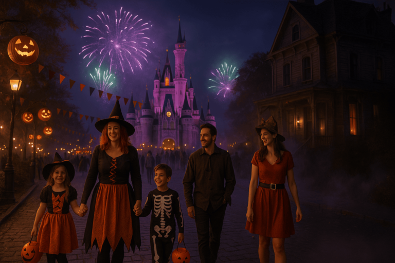 Família e amigos fantasiados caminhando à noite em rua decorada com abóboras e fogos, clima de Halloween em um parque temático de Orlando.