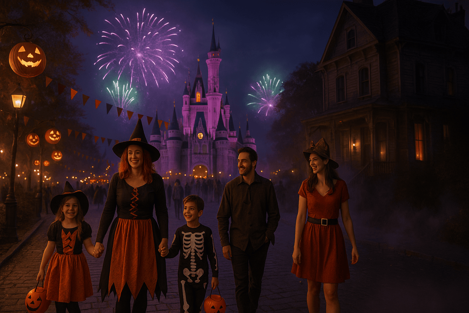 Família e amigos fantasiados caminhando à noite em rua decorada com abóboras e fogos, clima de Halloween em um parque temático de Orlando.