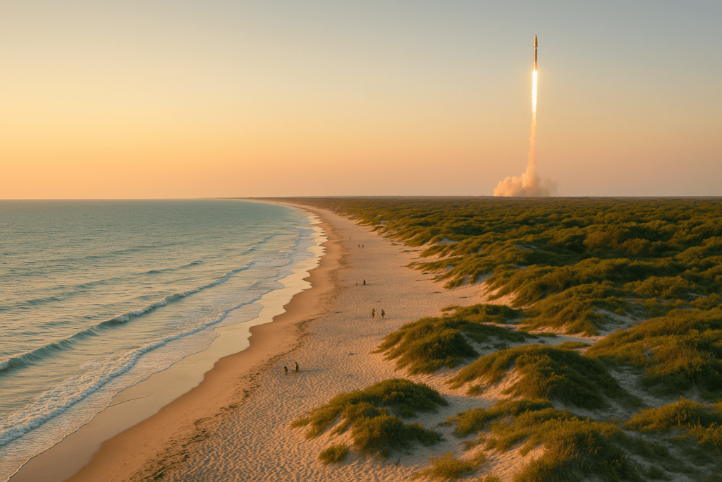 Praia da Space Coast com dunas e mar azul e um foguete decolando ao fundo ao entardecer.