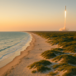 Praia da Space Coast com dunas e mar azul e um foguete decolando ao fundo ao entardecer.