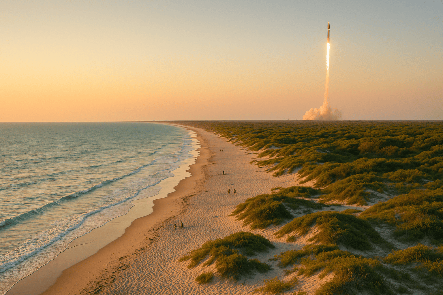 Praia da Space Coast com dunas e mar azul e um foguete decolando ao fundo ao entardecer.
