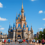 Foto ampla do Castelo da Cinderela no Magic Kingdom, manhã ensolarada, céu azul com nuvens leves, visitantes desfocados, cores vibrantes, estilo editorial, sem logos nem textos