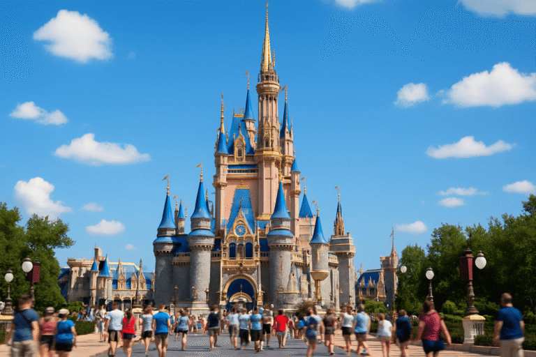 Foto ampla do Castelo da Cinderela no Magic Kingdom, manhã ensolarada, céu azul com nuvens leves, visitantes desfocados, cores vibrantes, estilo editorial, sem logos nem textos