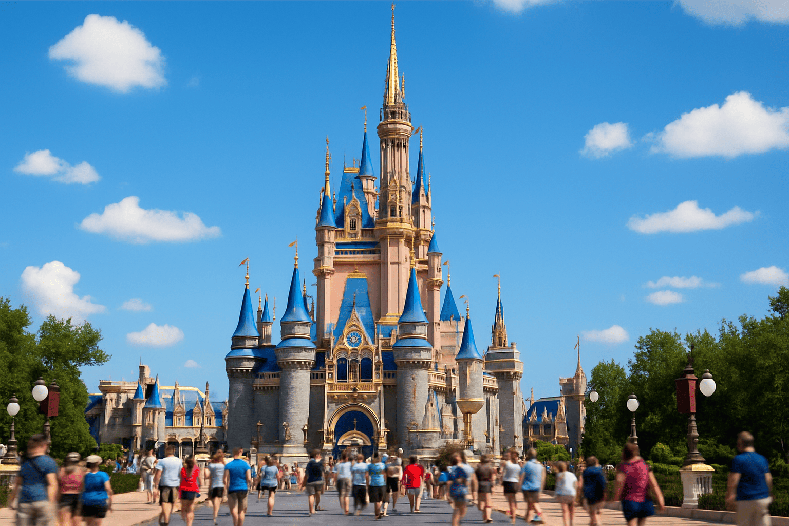 Foto ampla do Castelo da Cinderela no Magic Kingdom, manhã ensolarada, céu azul com nuvens leves, visitantes desfocados, cores vibrantes, estilo editorial, sem logos nem textos