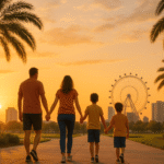 Foto horizontal de família caminhando ao pôr do sol em calçada arborizada com palmeiras, ao fundo skyline moderno e roda-gigante lembrando ICON Park, cores quentes, estilo fotográfico realista, luz suave, composição equilibrada,
