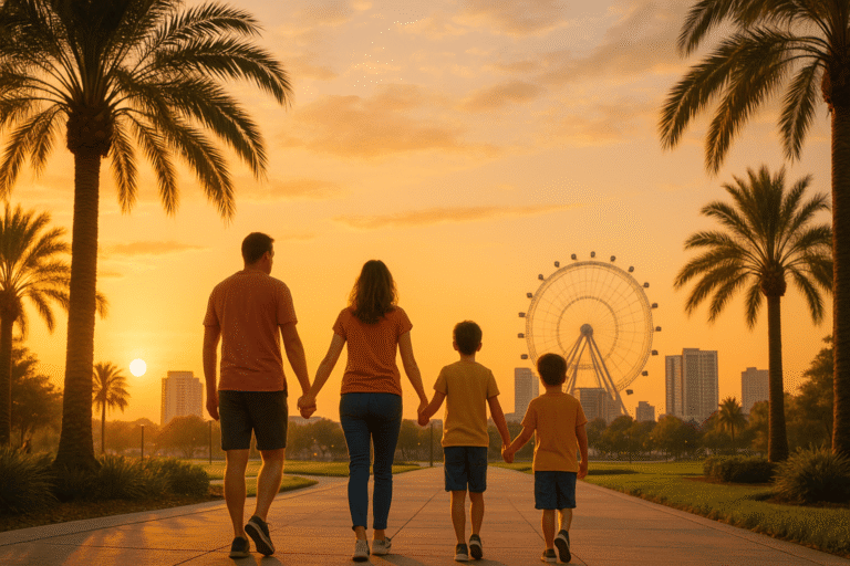 Foto horizontal de família caminhando ao pôr do sol em calçada arborizada com palmeiras, ao fundo skyline moderno e roda-gigante lembrando ICON Park, cores quentes, estilo fotográfico realista, luz suave, composição equilibrada,
