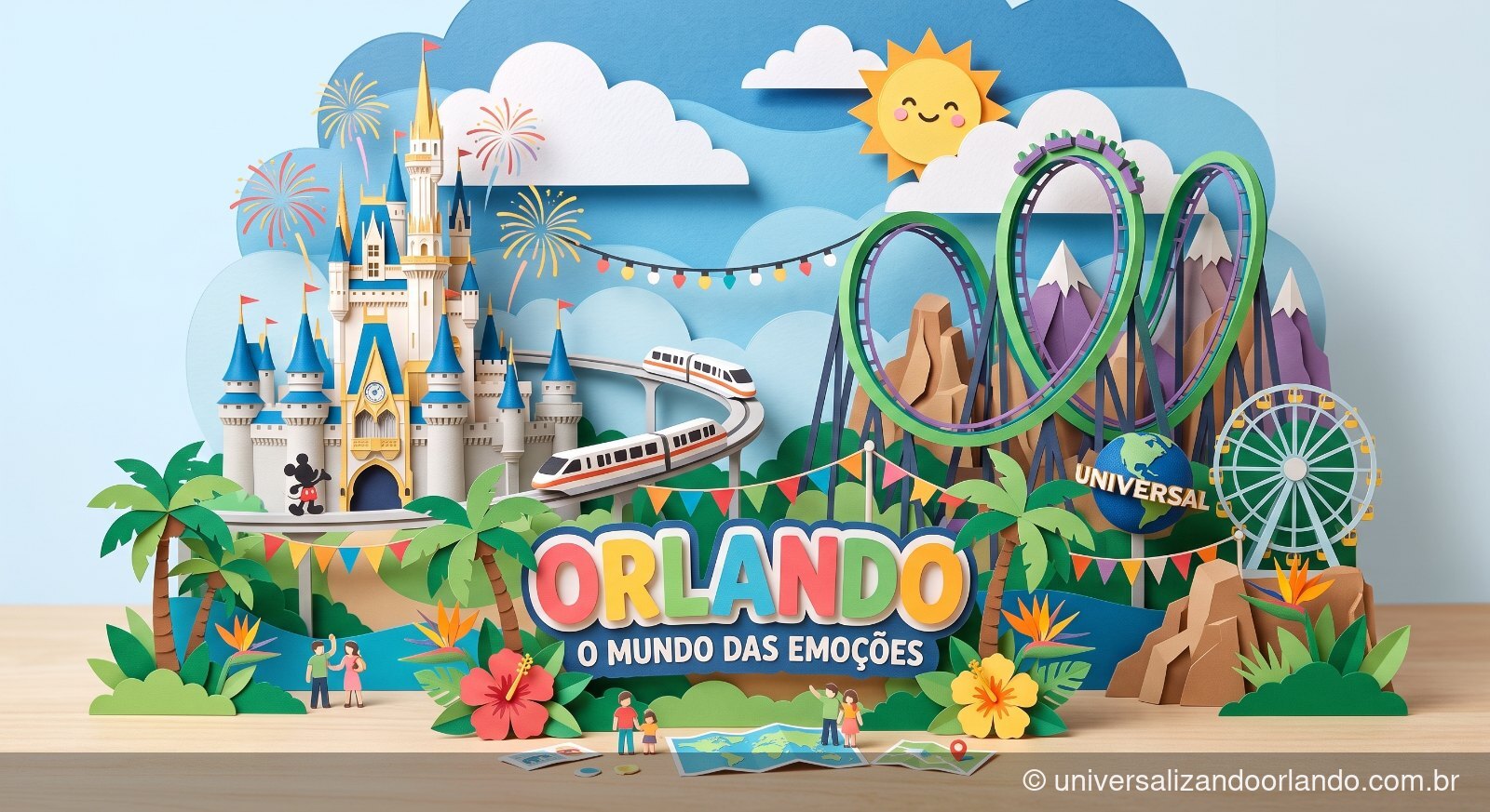 Orlando em papel recortado: castelo, montanha-russa e o globo da Universal