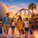 Ilustração digital hiper realista mostra uma família caminhando por Orlando com elementos icônicos ao fundo, incluindo o globo do EPCOT, uma montanha-russa inspirada na VelociCoaster, sacolas de compras, restaurantes temáticos e palmeiras.