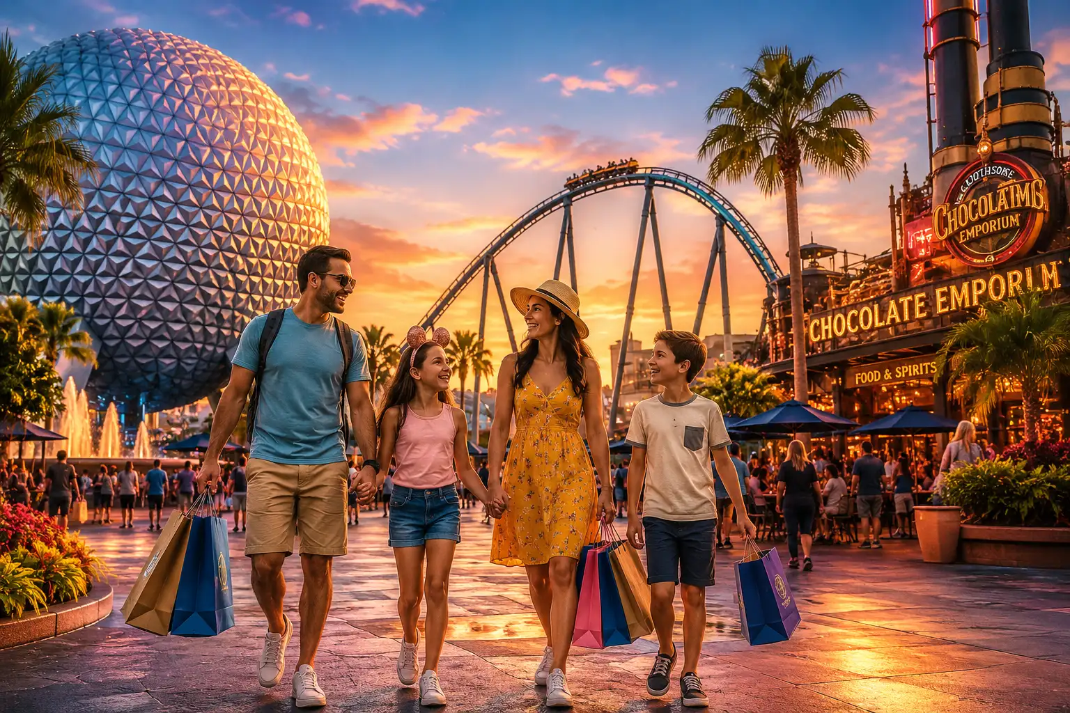 Ilustração digital hiper realista mostra uma família caminhando por Orlando com elementos icônicos ao fundo, incluindo o globo do EPCOT, uma montanha-russa inspirada na VelociCoaster, sacolas de compras, restaurantes temáticos e palmeiras.
