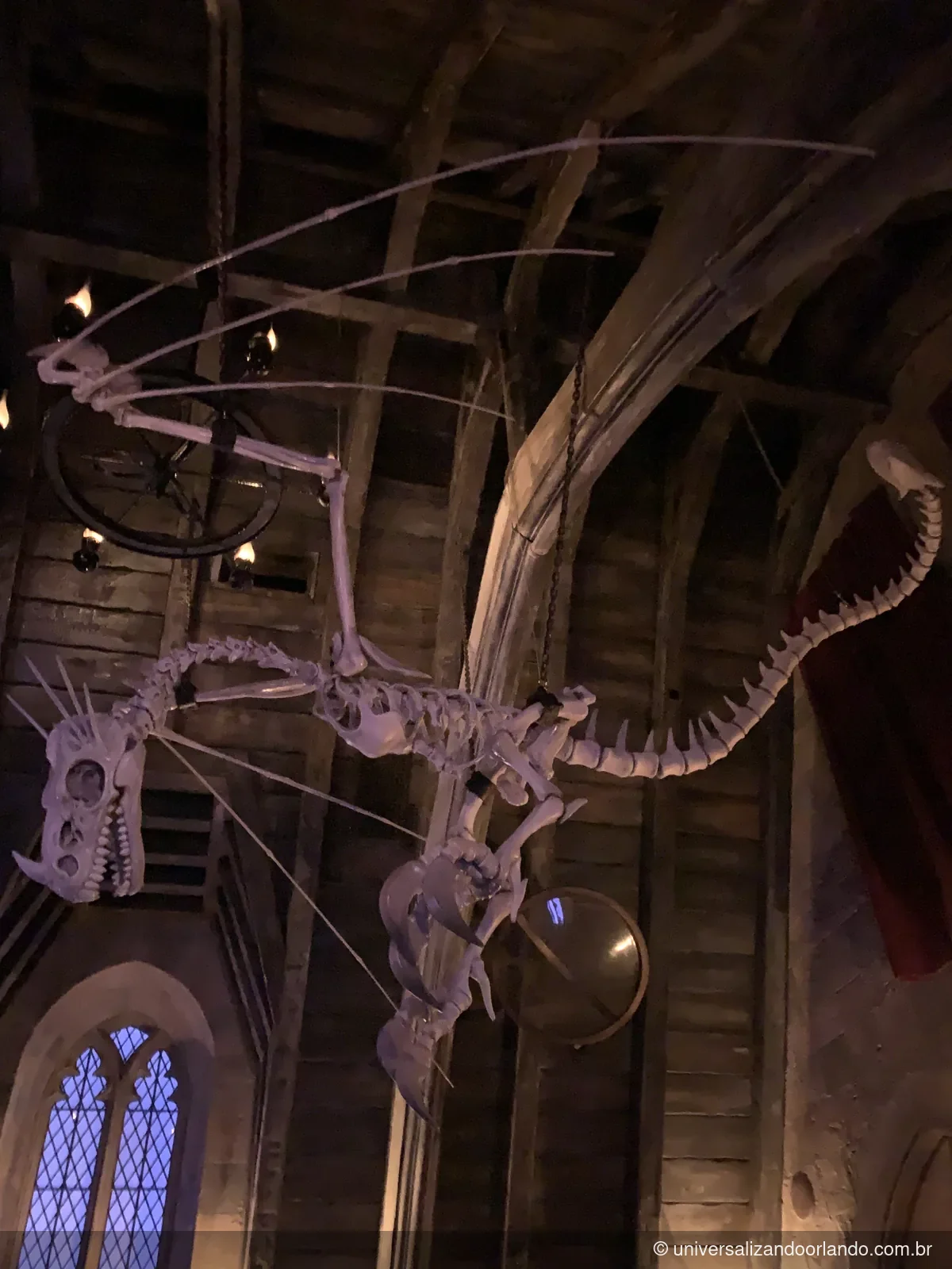 Esqueleto de dragão no teto do castelo de Hogwarts, vizinho do banco de Gringotes